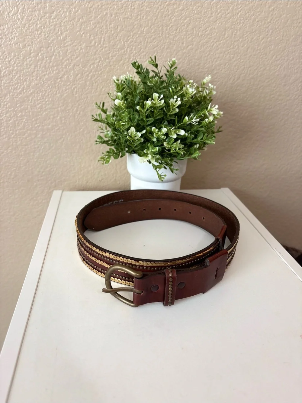 Express Brown Genuine Leather Sequin Studded Statement Belt Size L